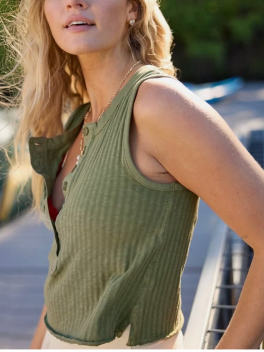 NWT American Eagle Aerie Shadow Stripe Henley Tank Top Green Size L